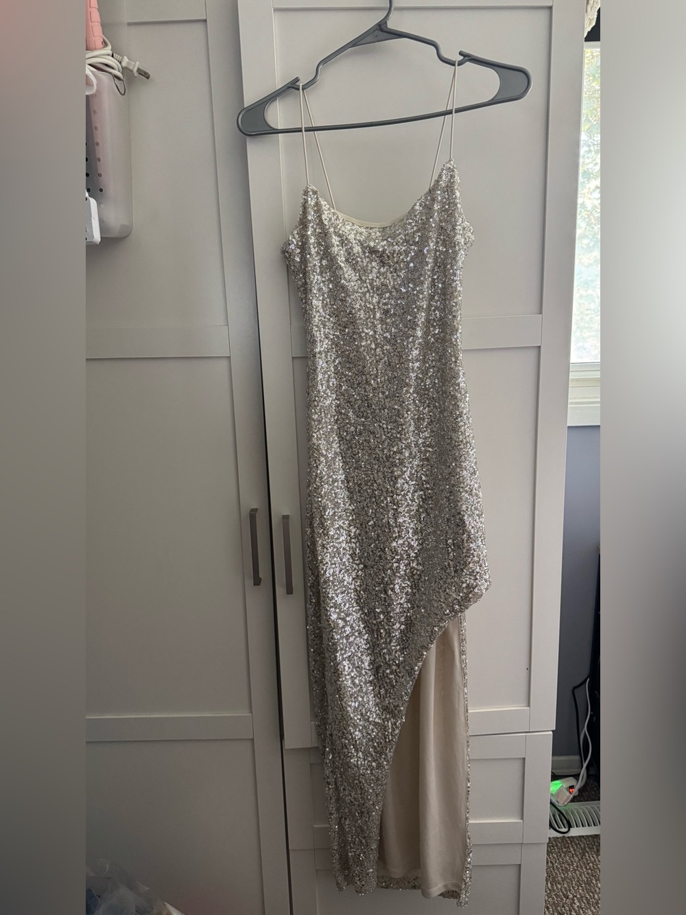 Silver Sequin Asymmetric Slip Dress - Unbranded